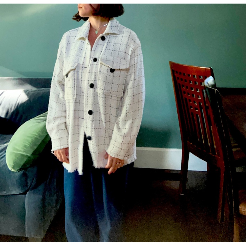 Zara White and Black Checkered Jacket